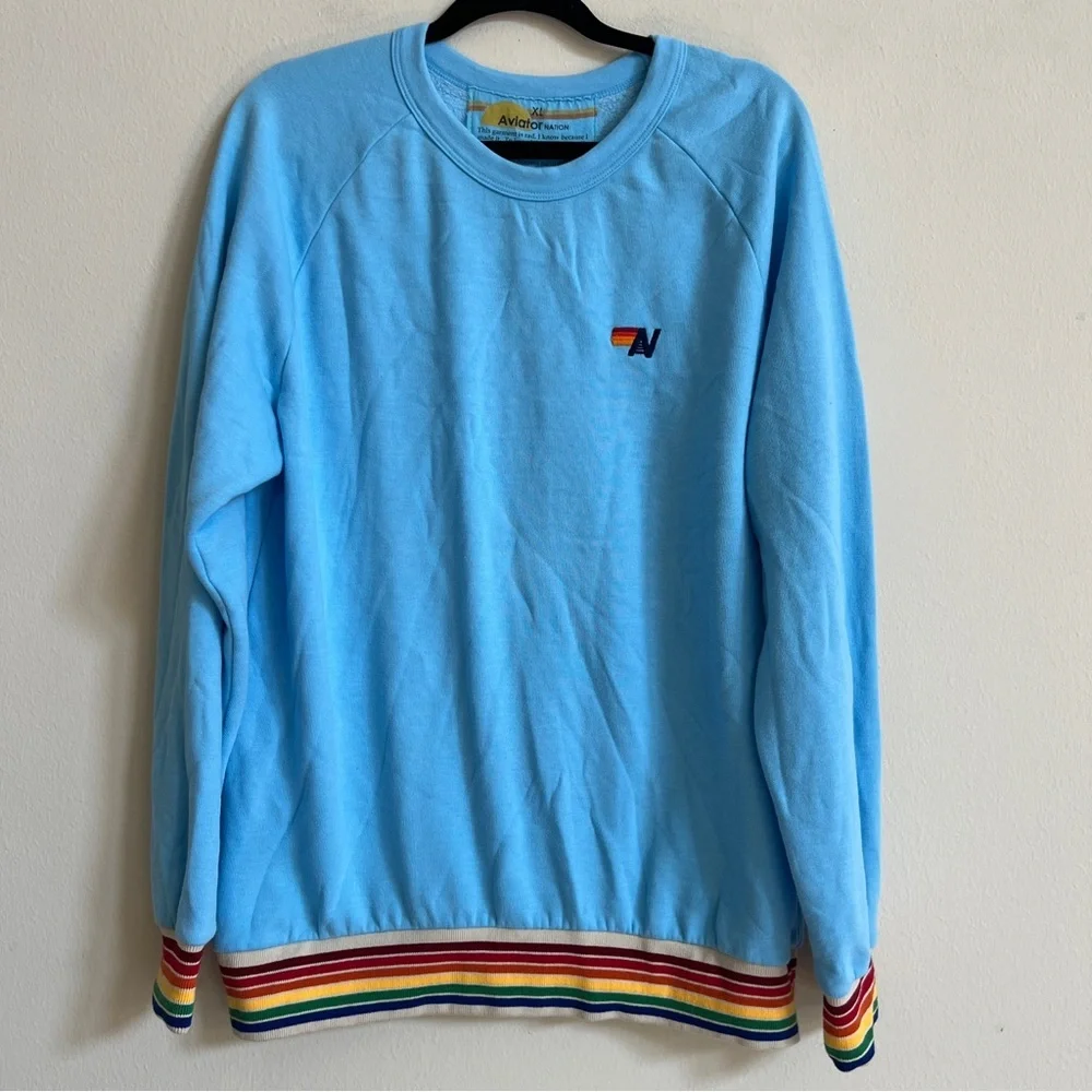 Aviator Nation Rainbow Rib Crew Sweatshirt Sky - Picture 3 of 5